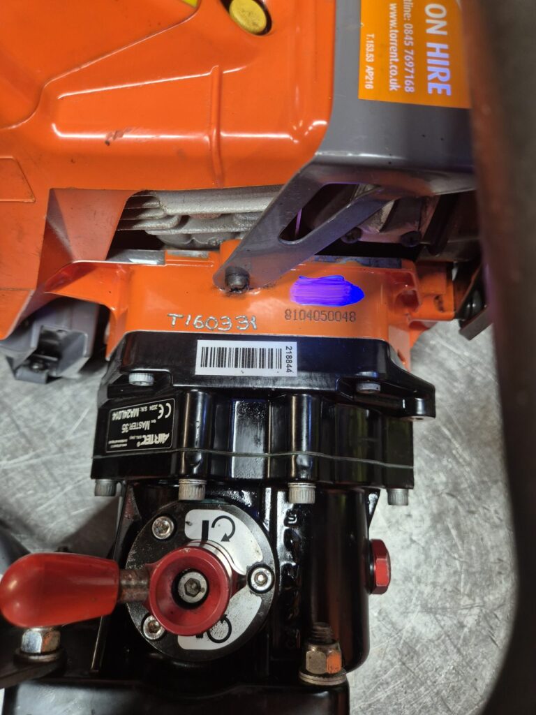 Tool marked with SelectaDNA forensic marking solution, which glows blue under UV light